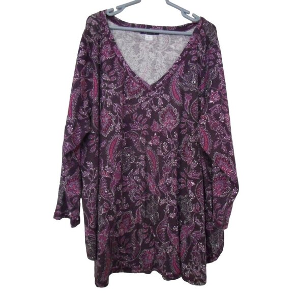 Roaman's Tops - Roamans V neck Thermal Tunic Purple  Sz 3x  30/32 Long sleeve swing bottom
